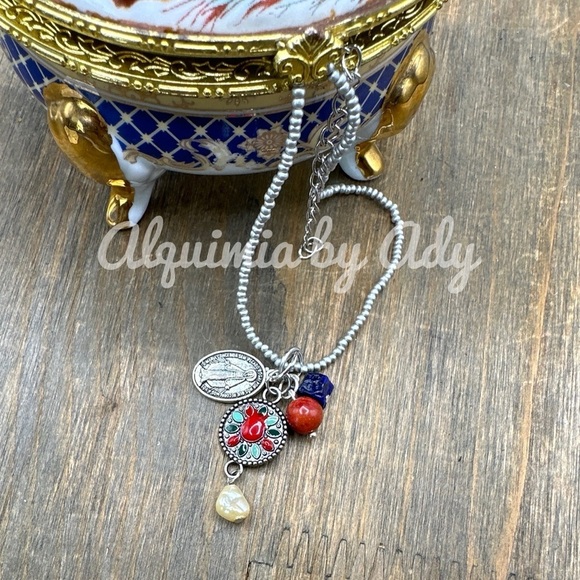 Coral silver Virgin Mary medal lapis pearl charms bohemian beaded necklace - Picture 1 of 6
